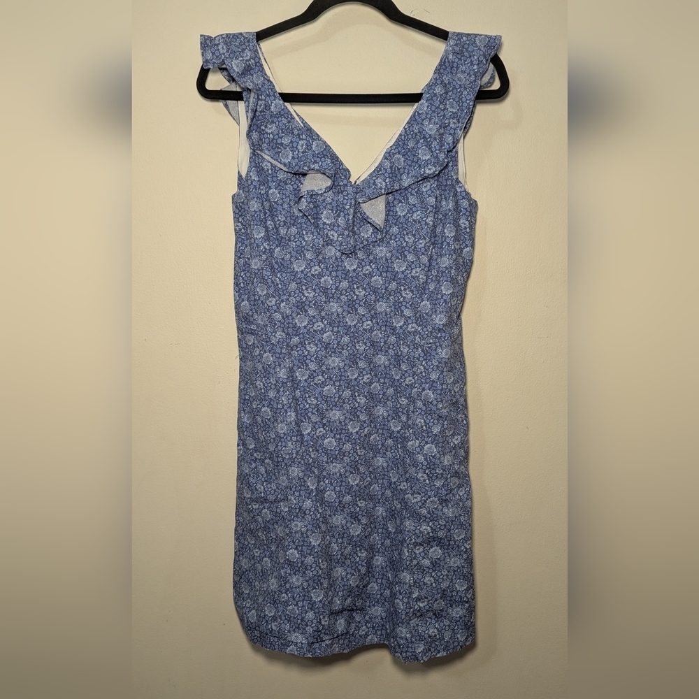 Hope & Henry V-Neck Ruffle Shift Dress Blue Floral Organic Cotton Women's Size 8